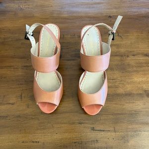 Adrienne Vittadani Light Orange Leather &Cork Sling Back Platform Sandals SZ 8.5